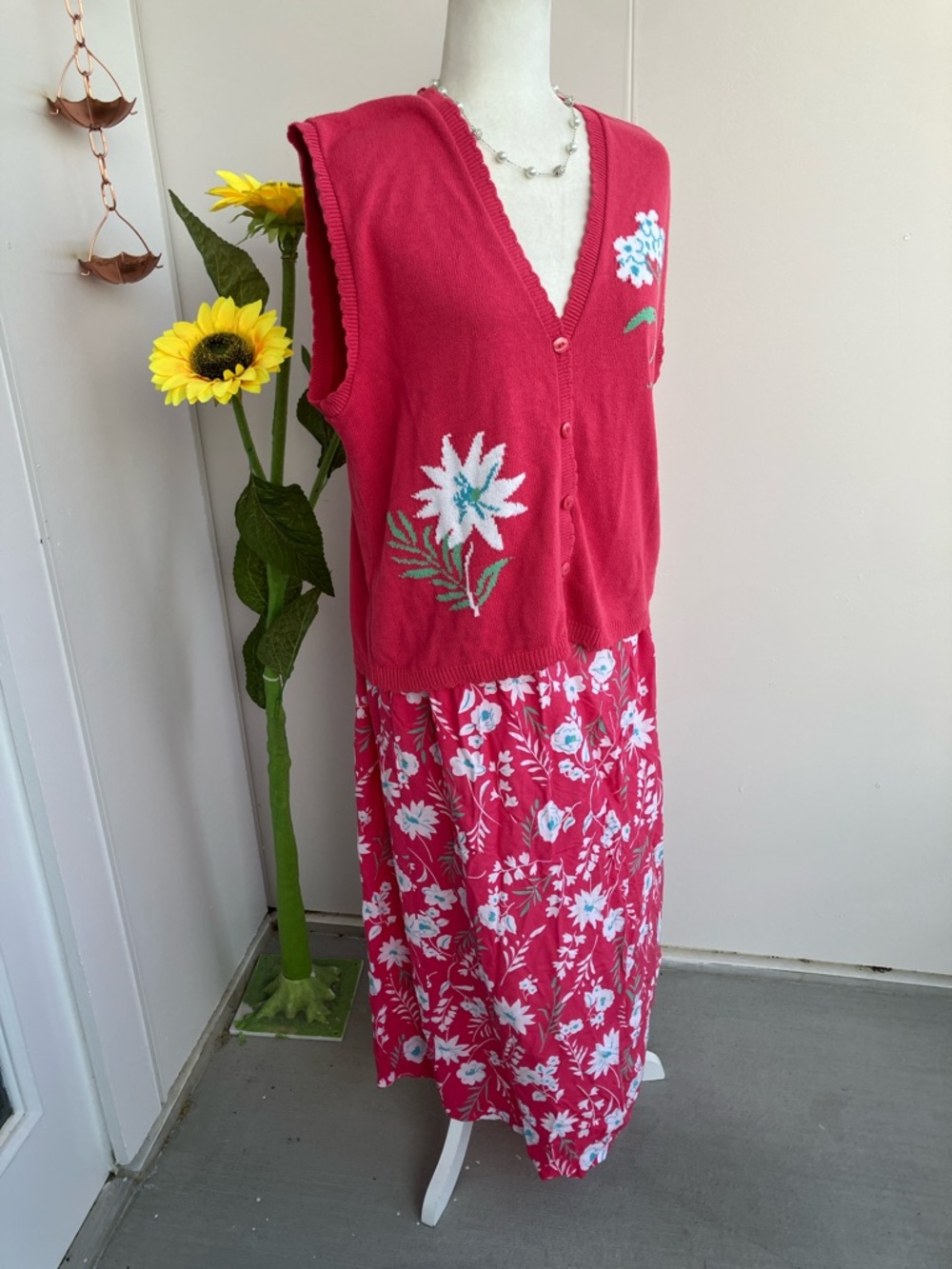 Vintage 90s Pink, Teal, & Blue Two Piece Floral Sweater Vest & Midi Skirt Set